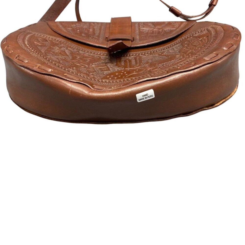 Handmade Peruvian Tooled Leather Shoulder Bag Mayan Design, Large Brown Unlined - Picture 5 of 7